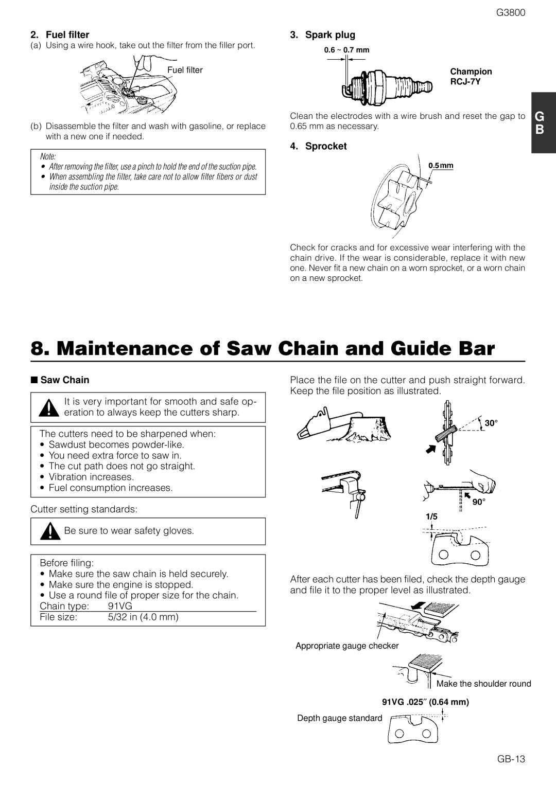 Zenoah G3800 owner manual Maintenance of Saw Chain and Guide Bar, Fuel filter, Spark plug, Sprocket 