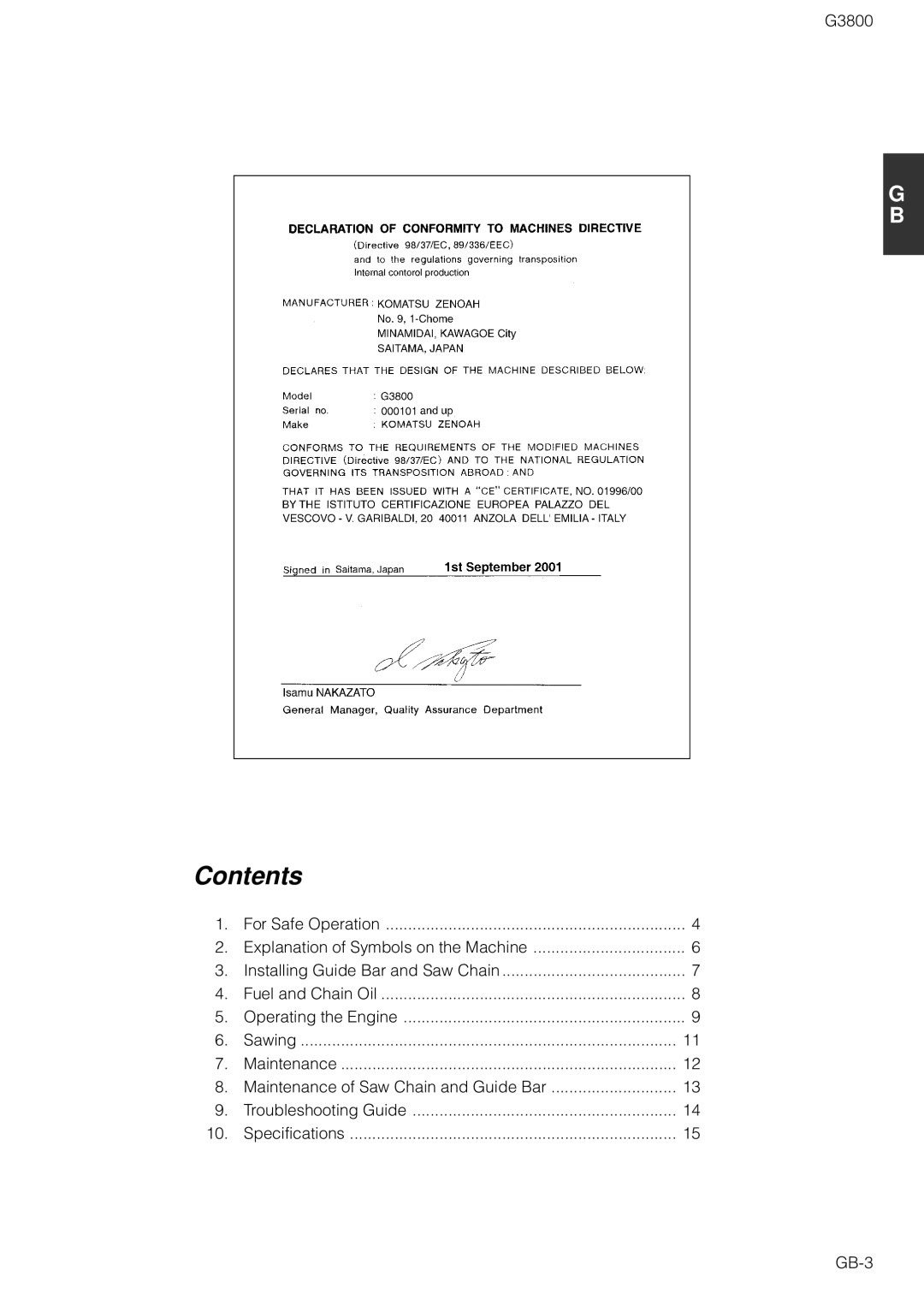 Zenoah G3800 owner manual Contents 