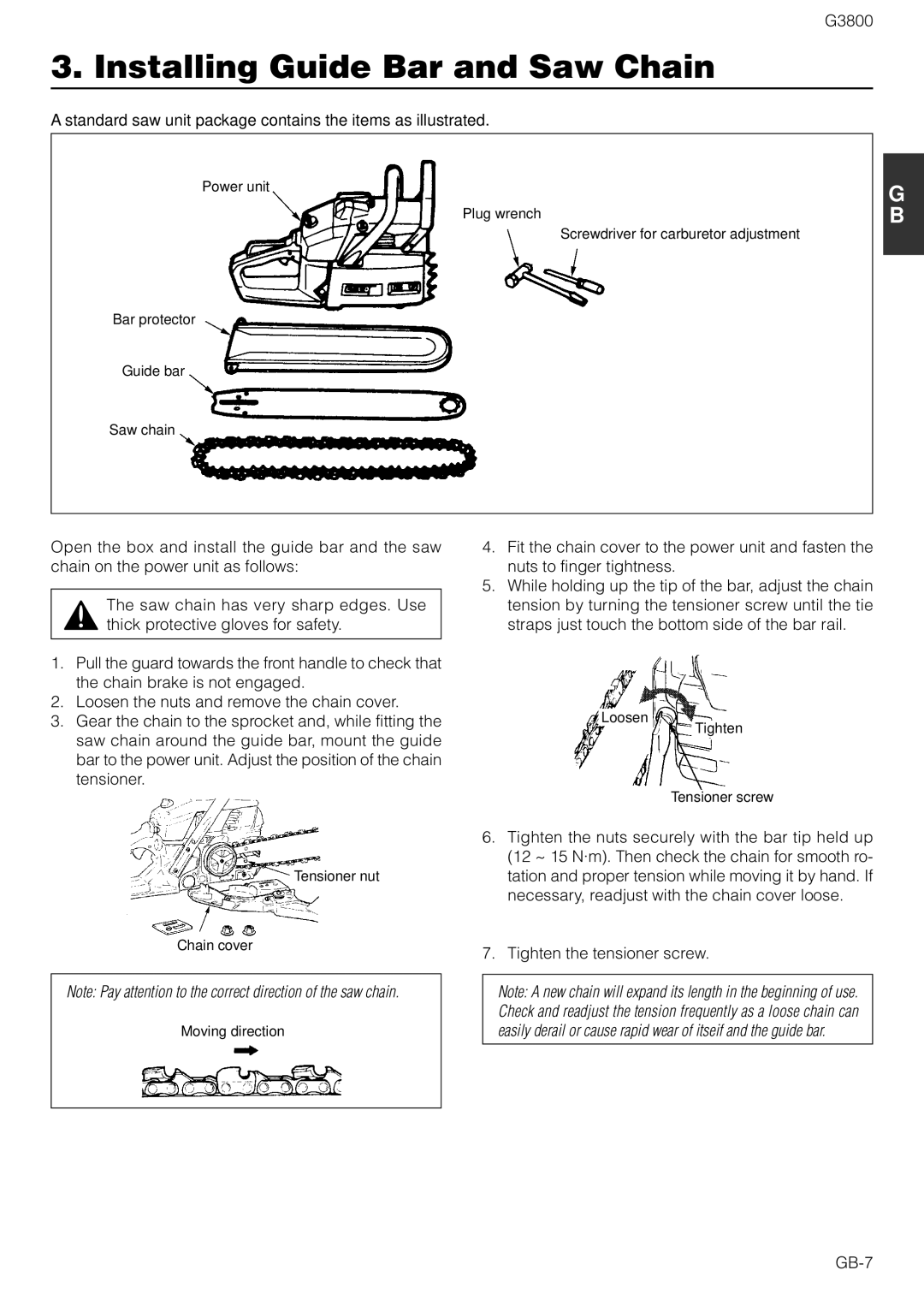 Zenoah G3800 owner manual Installing Guide Bar and Saw Chain, Standard saw unit package contains the items as illustrated 