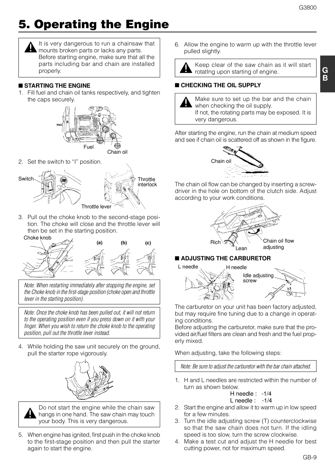 Zenoah G3800 owner manual Operating the Engine, Starting the Engine, Set the switch to I position, Checking the OIL Supply 