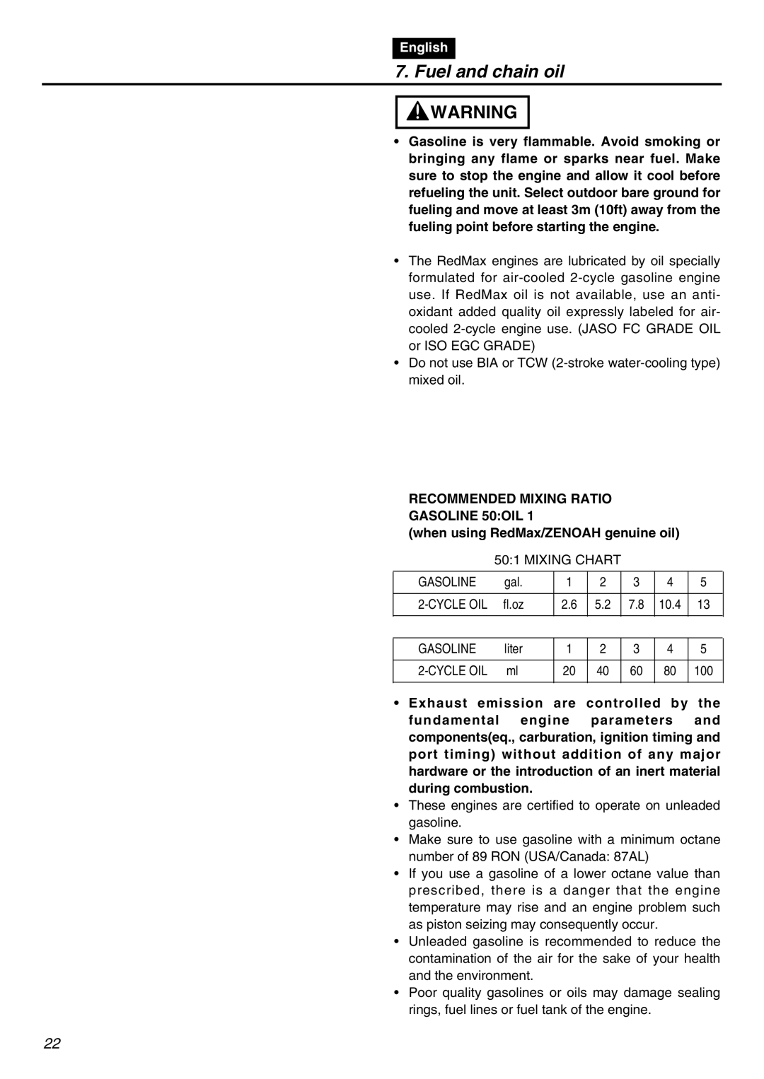 Zenoah G3800AVS manual Fuel and chain oil, Recommended Mixing Ratio Gasoline 50OIL, When using RedMax/ZENOAH genuine oil 