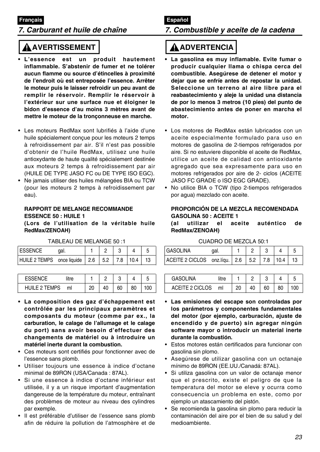 Zenoah G3800AVS Rapport DE Melange Recommande Essence 50 Huile, Lors de l’utilisation de la véritable huile RedMax/ZENOAH 