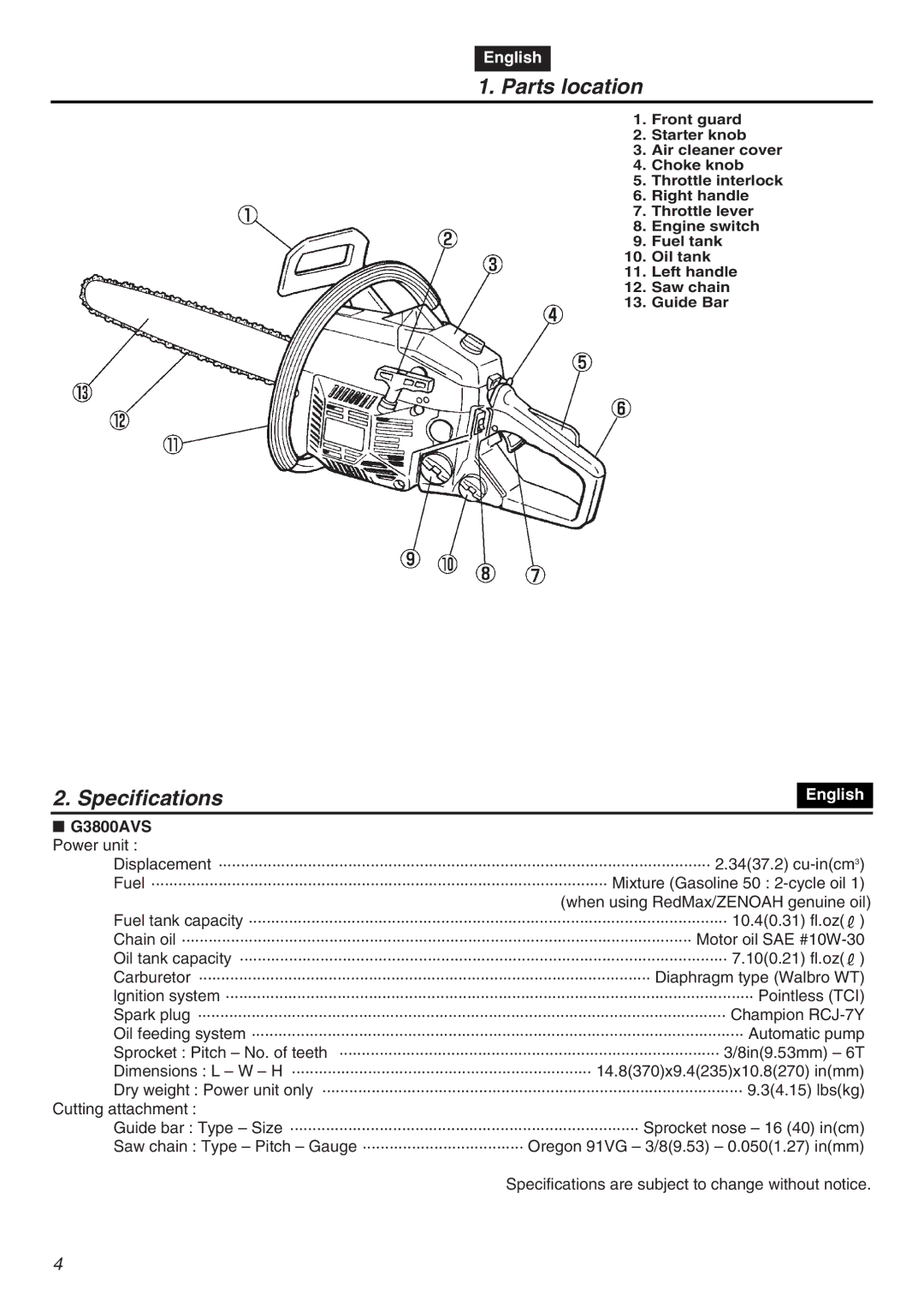 Zenoah manual Parts location, Specifications, G3800AVS Power unit 