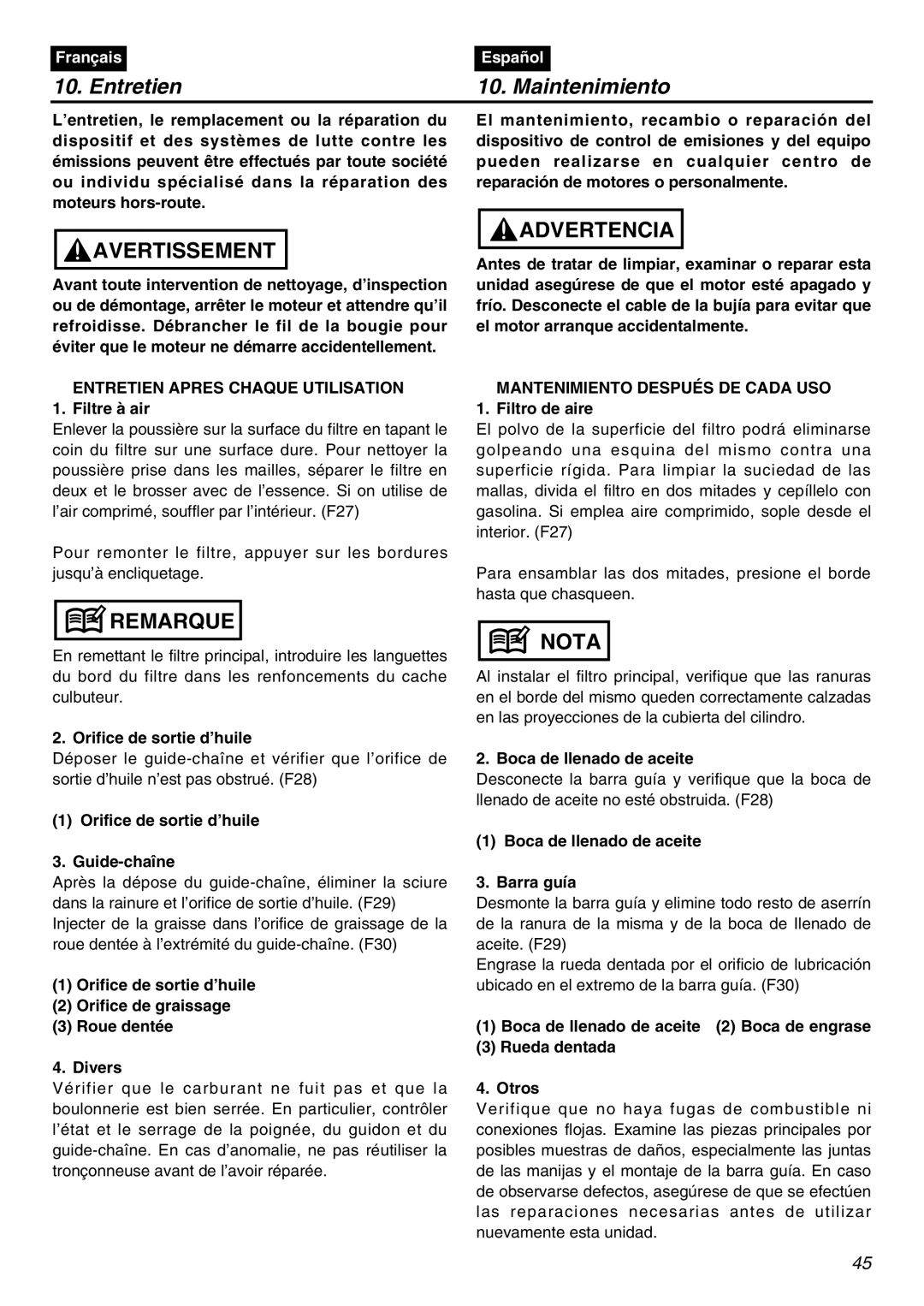 Zenoah G3800AVS manual Entretien Apres Chaque Utilisation, Mantenimiento Después DE Cada USO 