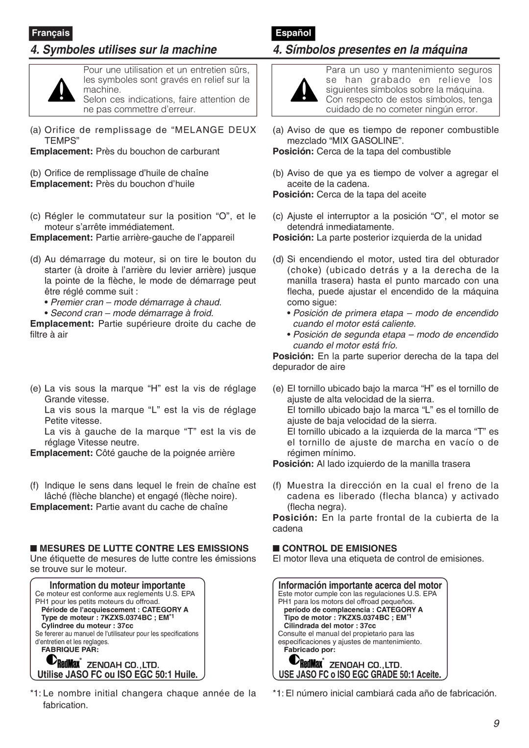 Zenoah G3800AVS manual Information du moteur importante, Control DE Emisiones 