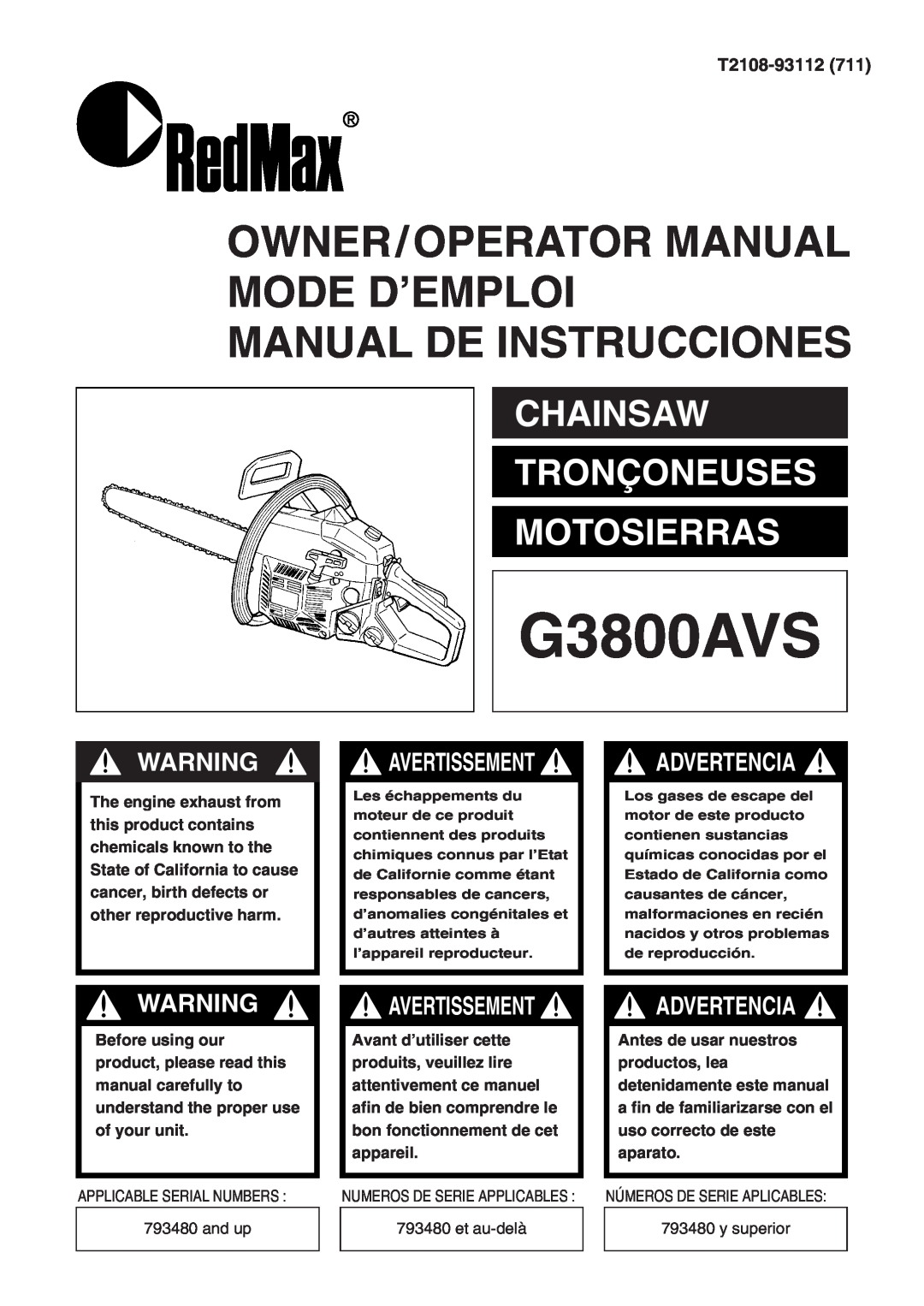 Zenoah G3800AVS manual T2108-93112711, Owner/Operator Manual Mode D’Emploi, Manual De Instrucciones, Advertencia 