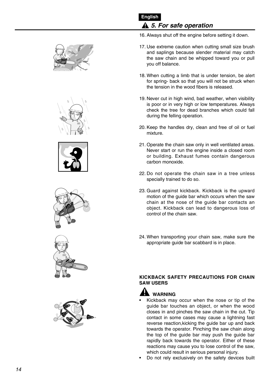 Zenoah G3800AVS manual For safe operation, English, Kickback Safety Precautions For Chain Saw Users 