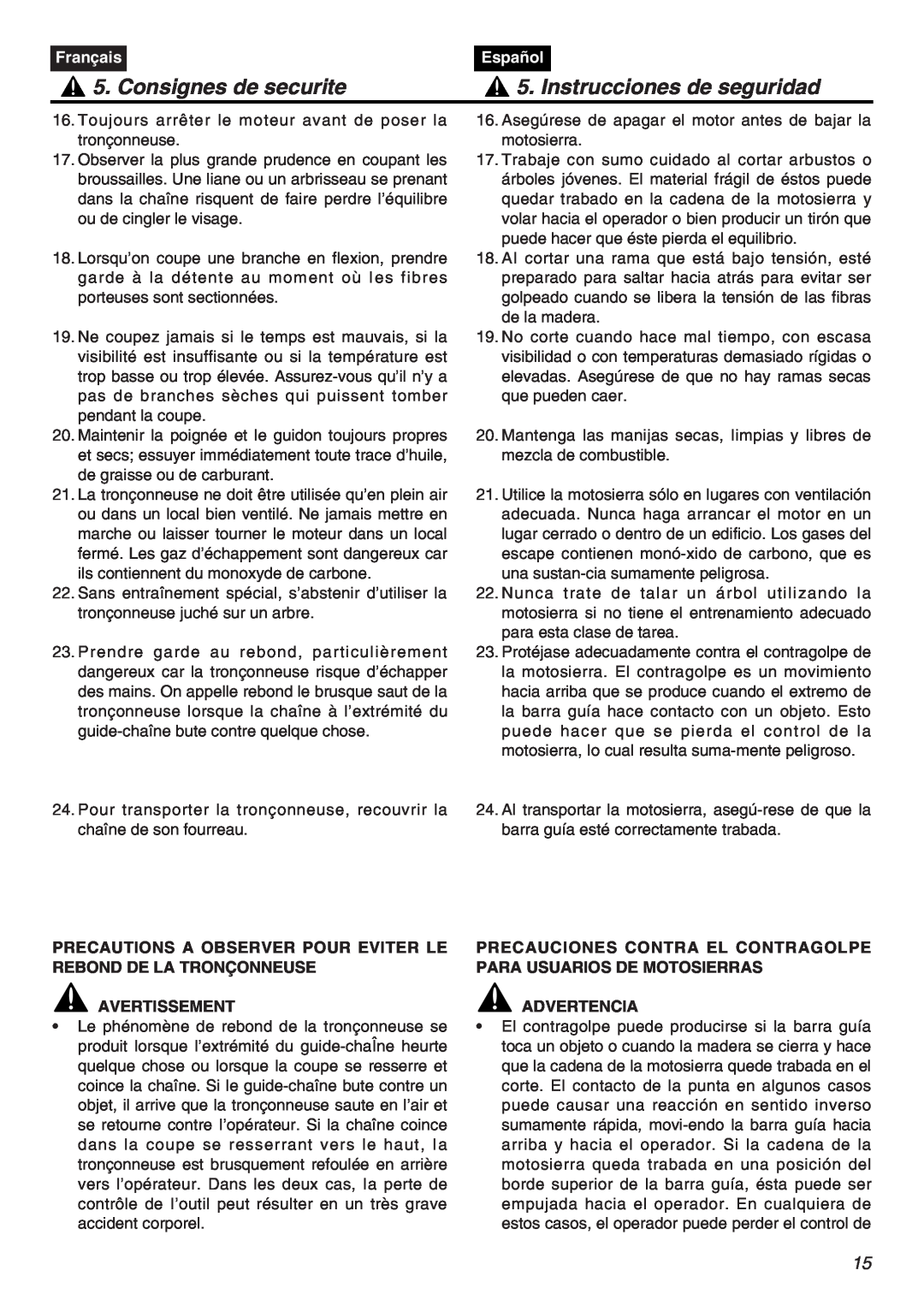 Zenoah G3800AVS manual Consignes de securite, Instrucciones de seguridad, Français, Español, Avertissement, Advertencia 