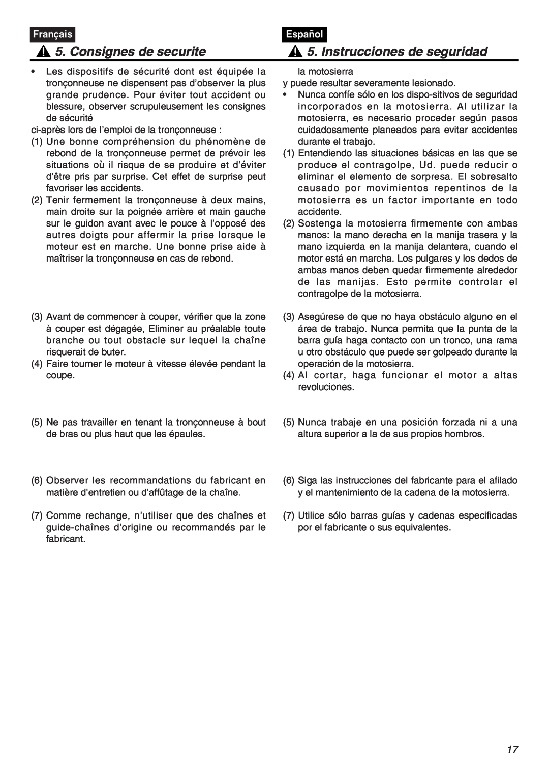 Zenoah G3800AVS manual Consignes de securite, Instrucciones de seguridad, Français, Español 