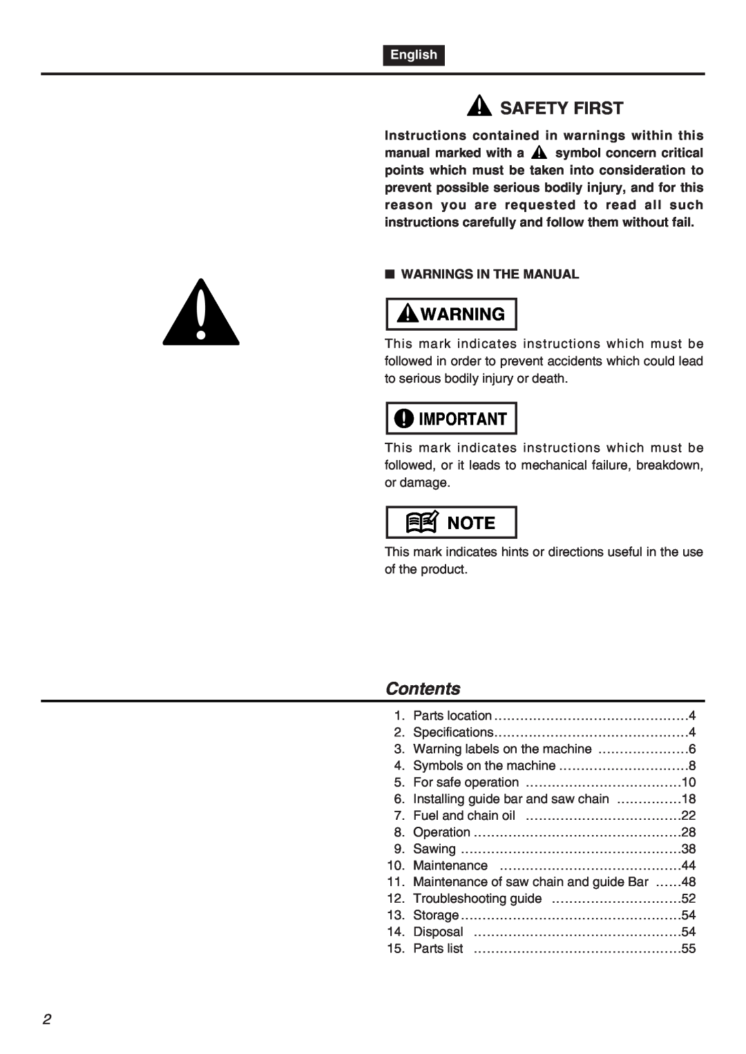 Zenoah G3800AVS manual Safety First, Contents, English 