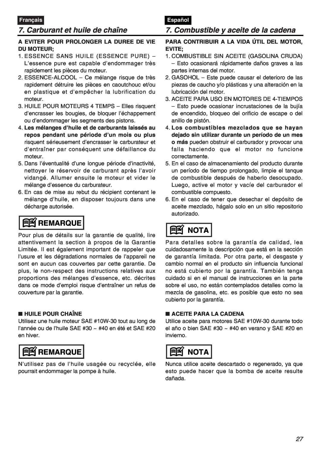 Zenoah G3800AVS manual Carburant et huile de chaîne, Combustible y aceite de la cadena, Remarque, Nota, Français, Español 