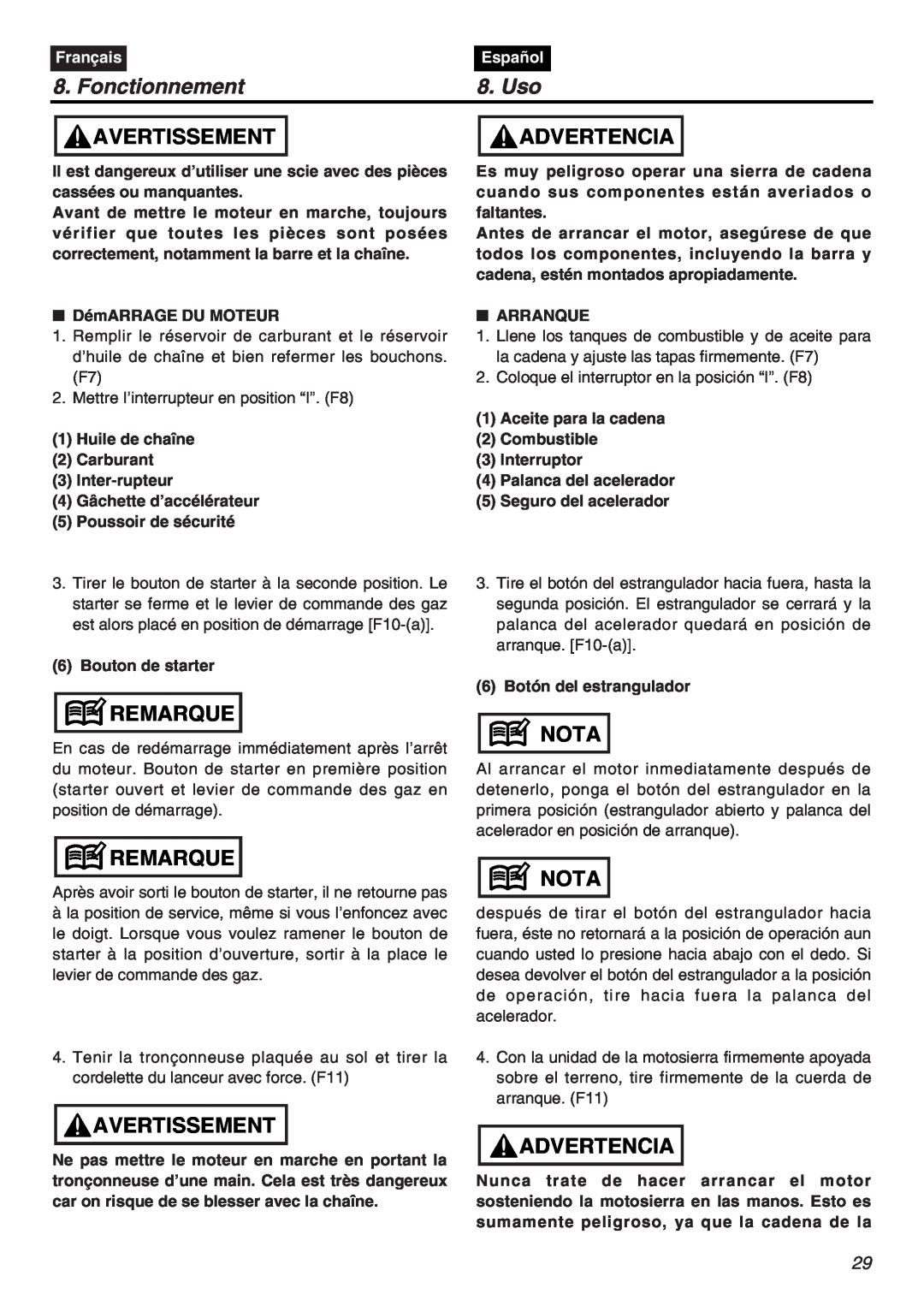 Zenoah G3800AVS manual Fonctionnement, Uso, Avertissement, Advertencia, Remarque, Nota, Français, Español 