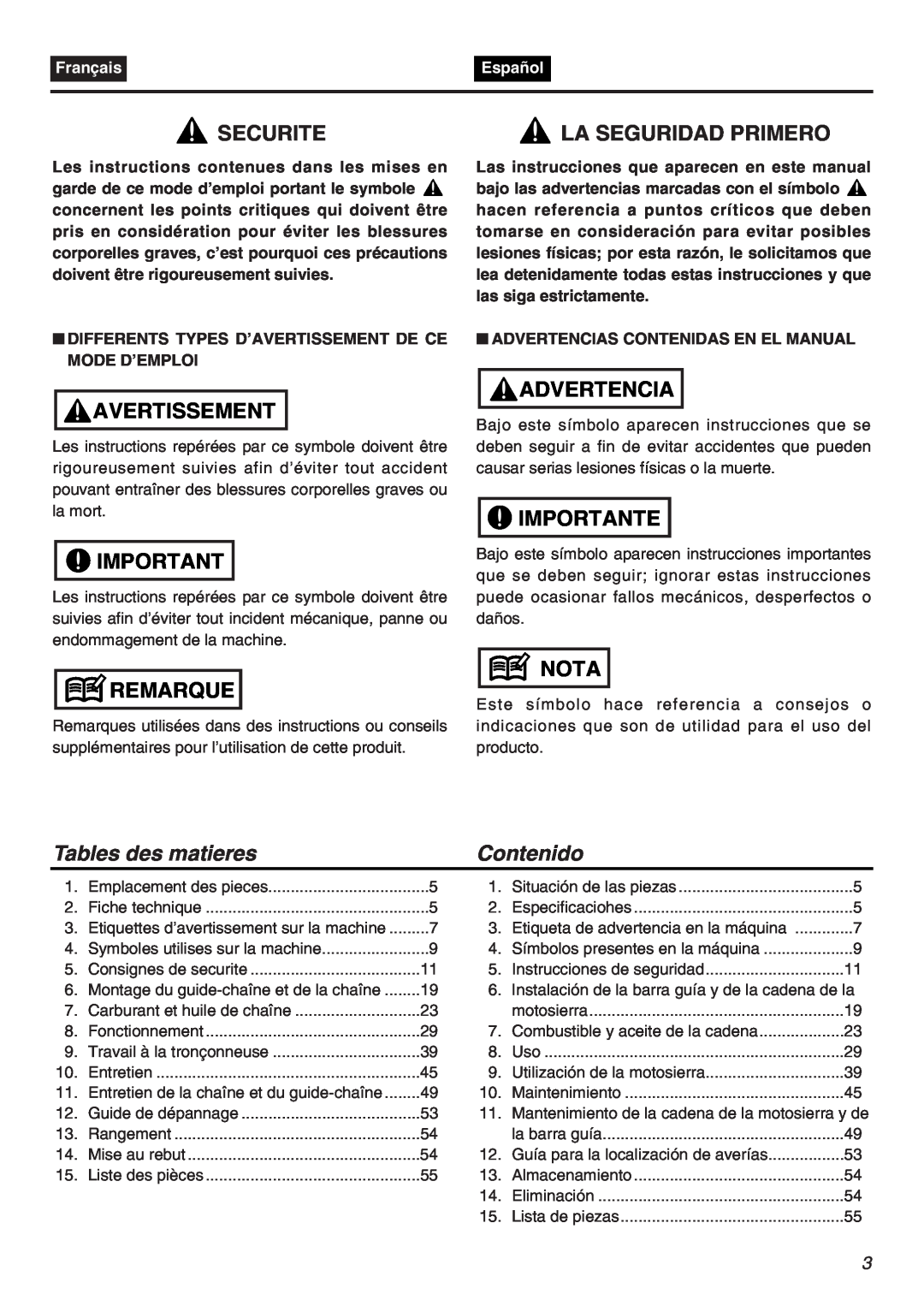 Zenoah G3800AVS manual Securite, Avertissement, Remarque, Advertencia, Importante, Nota, Tables des matieres, Contenido 