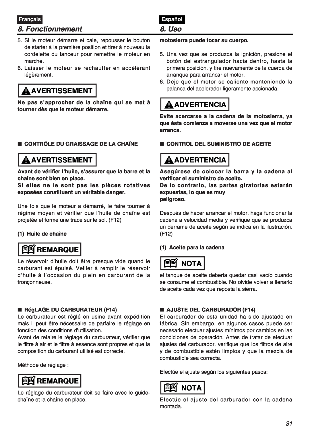 Zenoah G3800AVS manual Fonctionnement, Uso, Avertissement, Advertencia, Remarque, Nota, Français, Español 