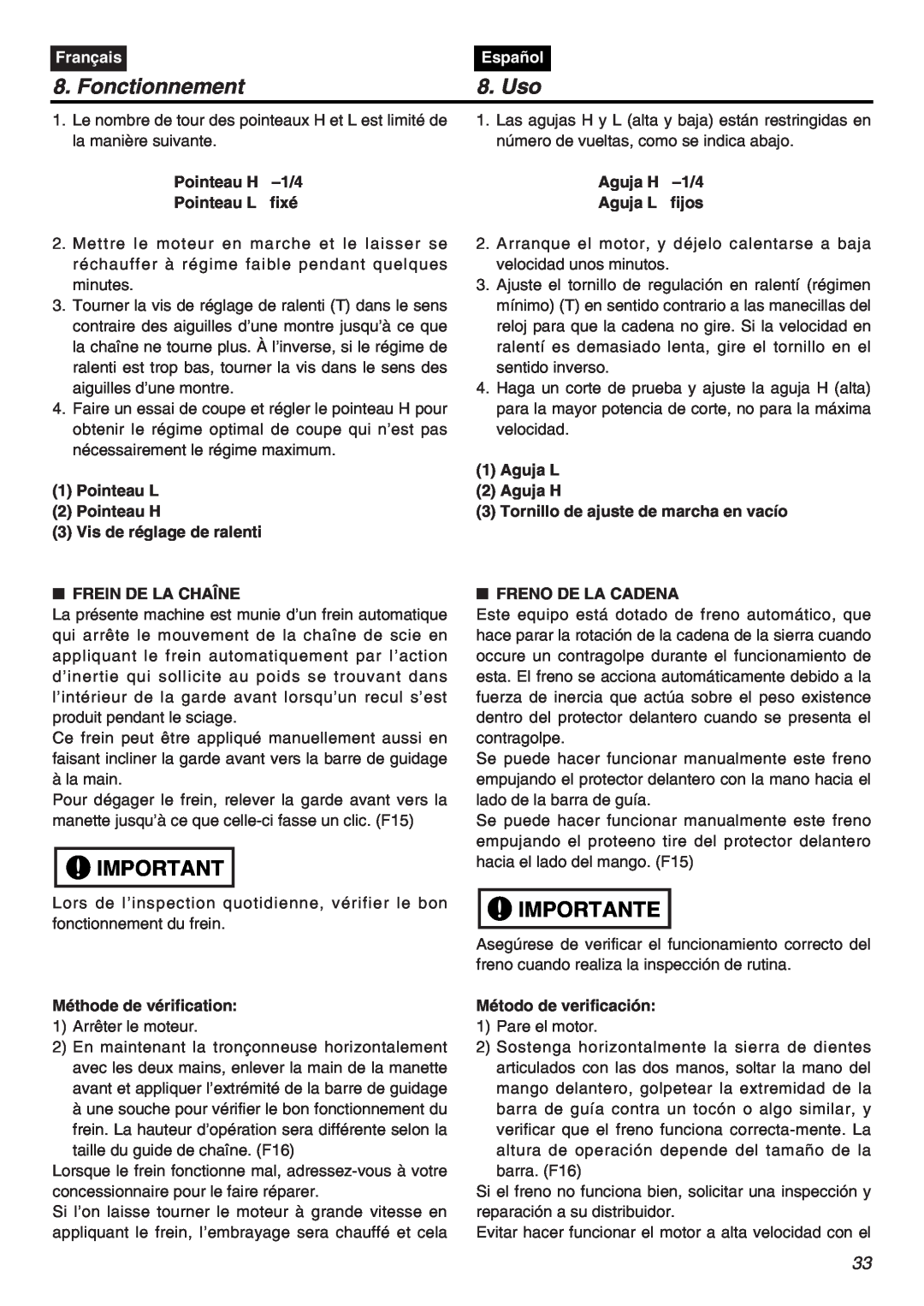 Zenoah G3800AVS manual Fonctionnement, Uso, Importante, Français, Español 