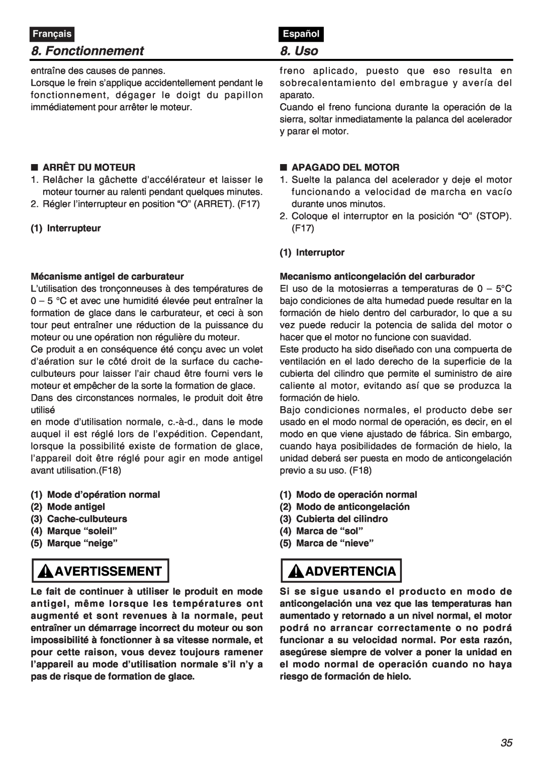 Zenoah G3800AVS manual Fonctionnement, Uso, Avertissement, Advertencia, Français, Español 