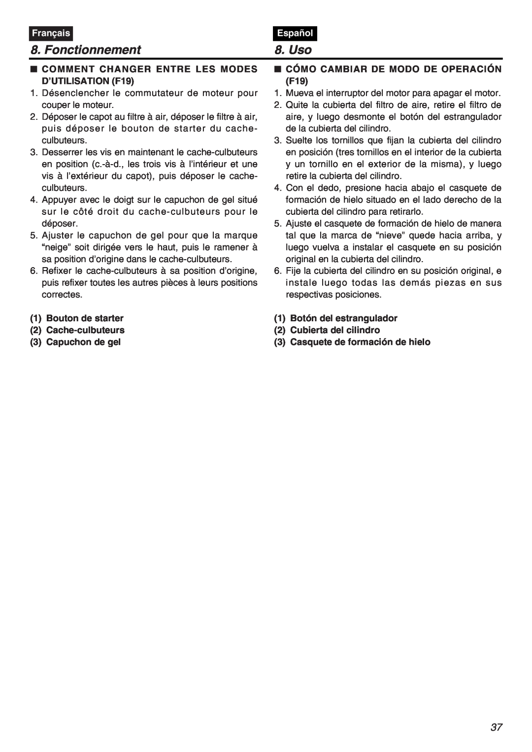Zenoah G3800AVS manual Fonctionnement, Uso, Français, Español 