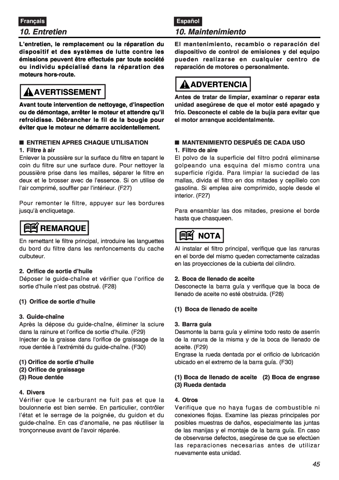 Zenoah G3800AVS manual Entretien, Maintenimiento, Avertissement, Remarque, Advertencia, Nota, Français, Español 