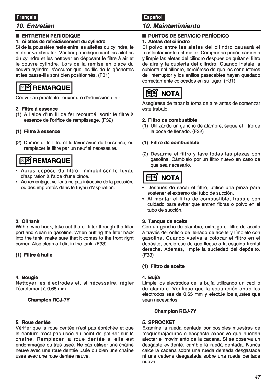 Zenoah G3800AVS manual Entretien, Maintenimiento, Remarque, Nota, Français, Español 