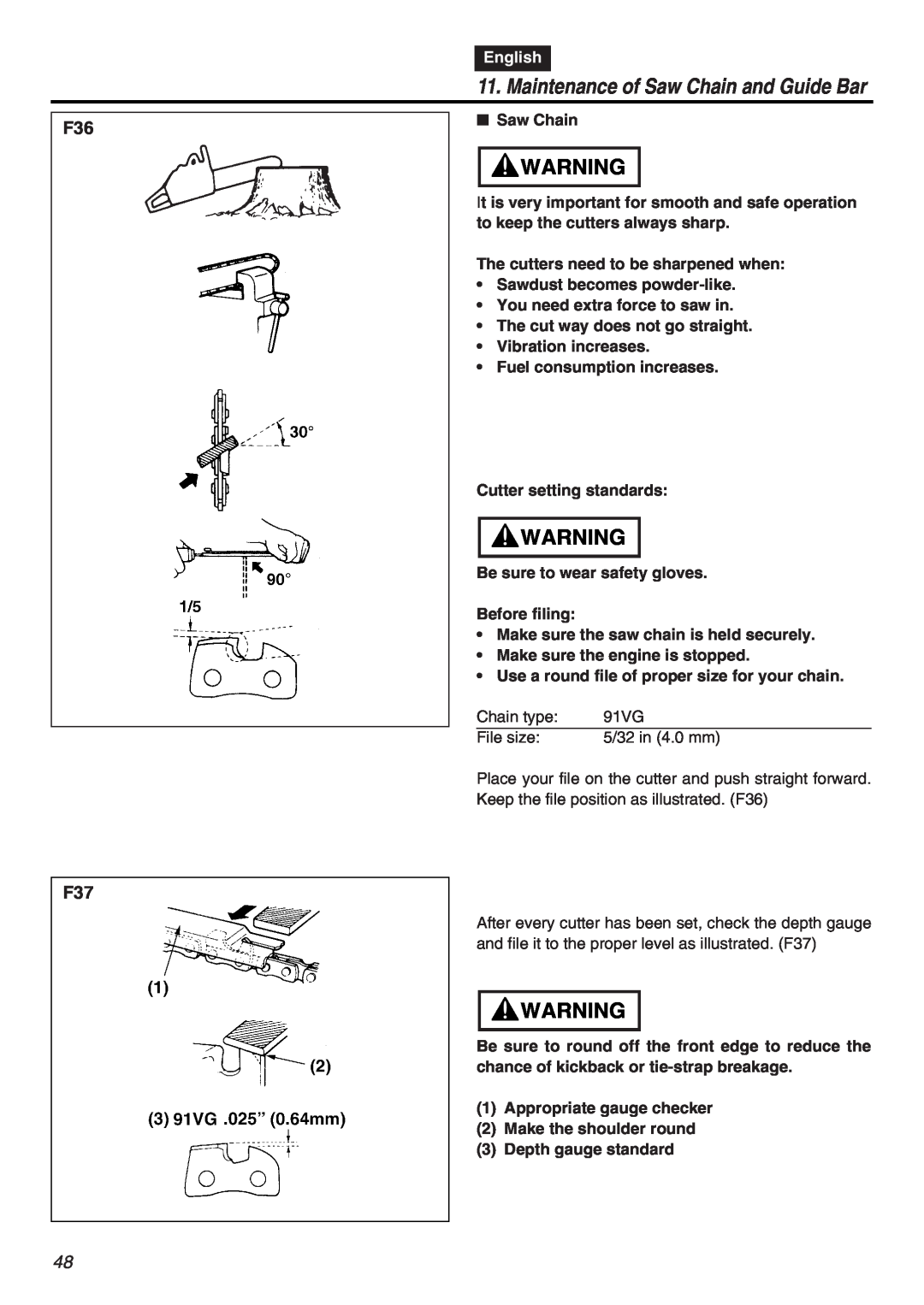 Zenoah G3800AVS manual Maintenance of Saw Chain and Guide Bar, F36 F37, English 