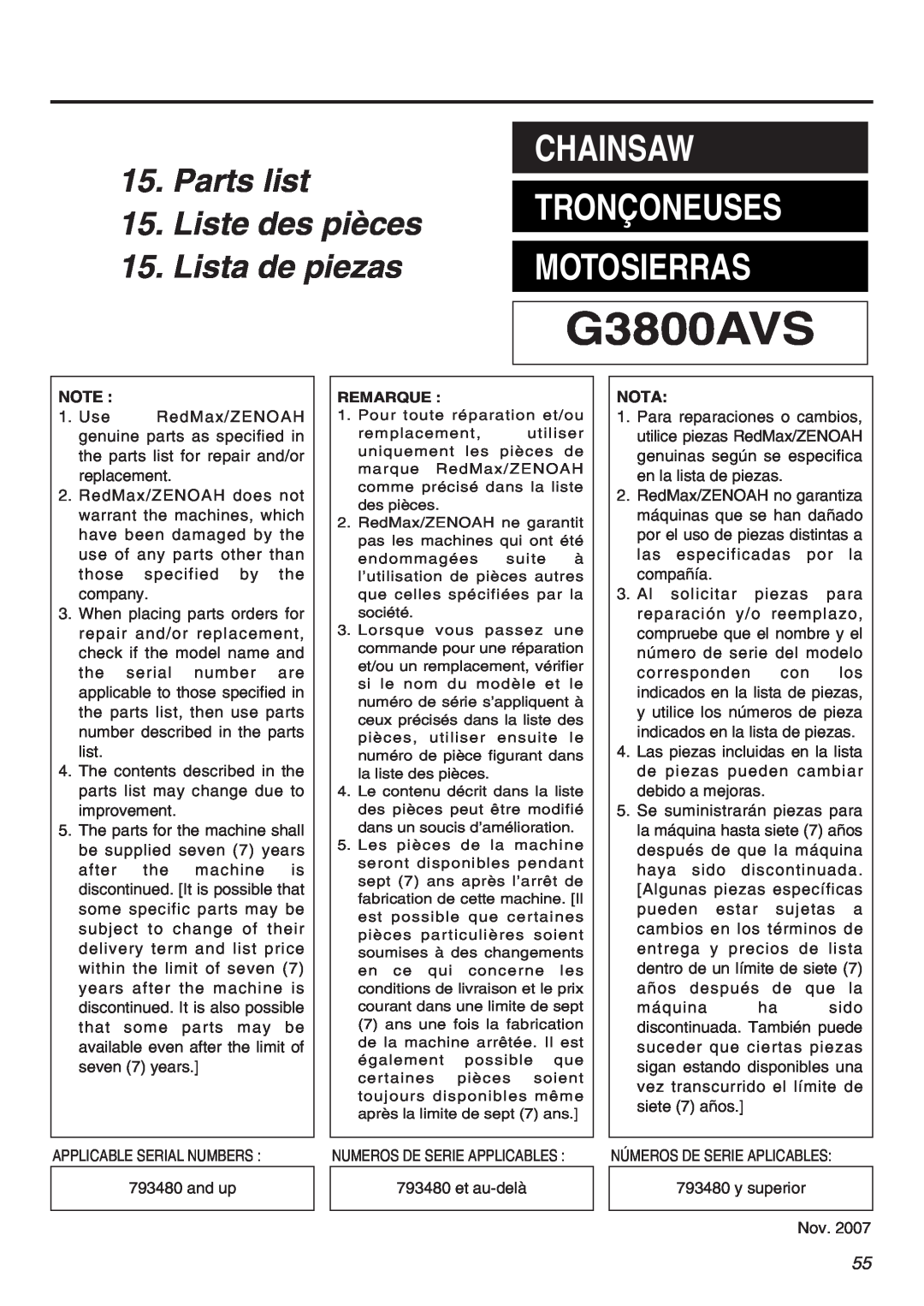 Zenoah G3800AVS manual Parts list, Liste des pièces, Lista de piezas, Chainsaw, Tronçoneuses, Motosierras 