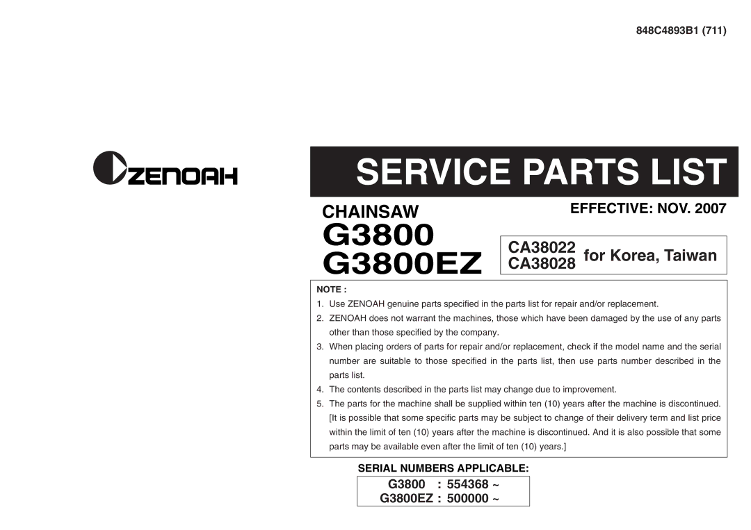 Zenoah manual G3800 G3800EZ 