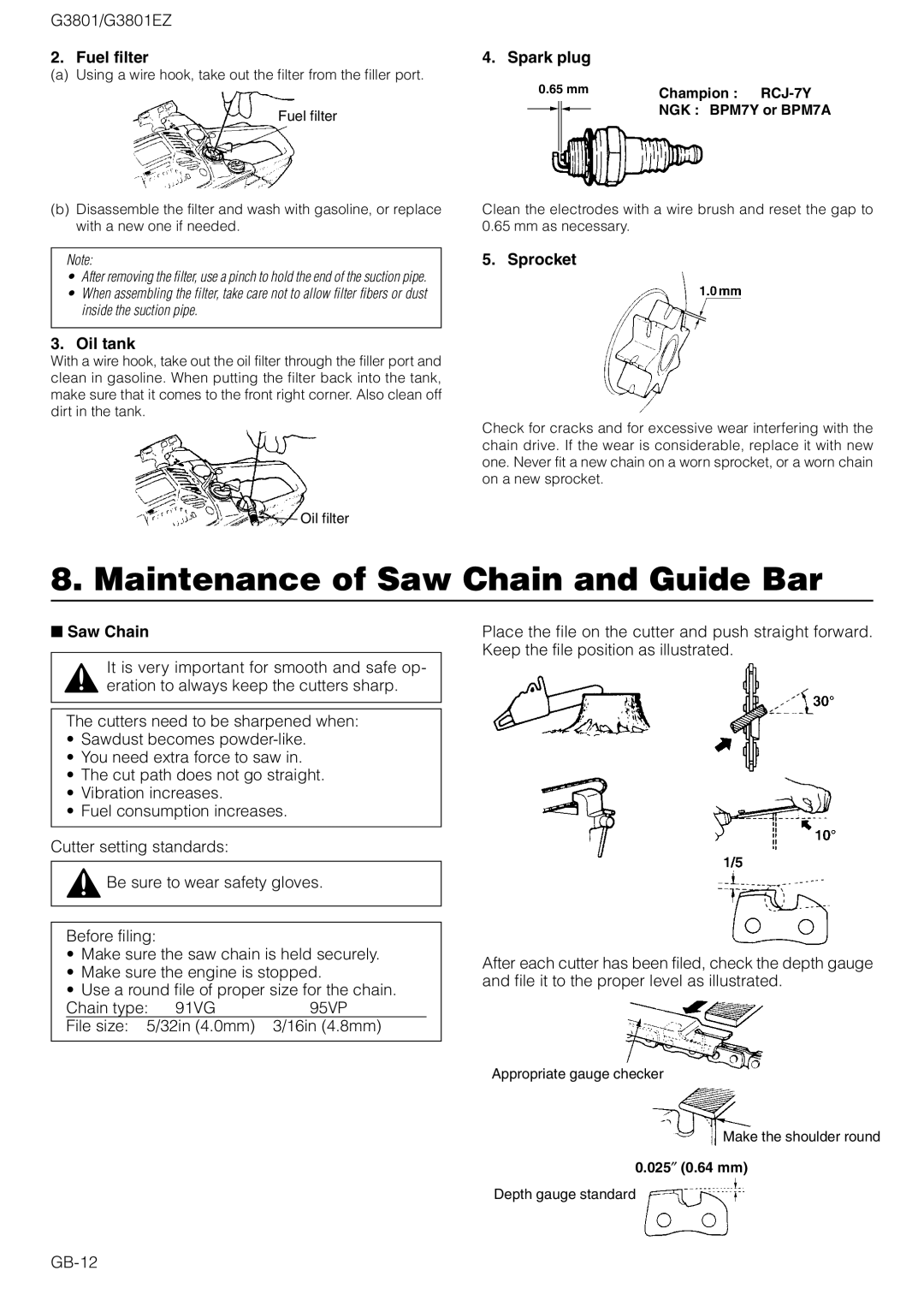 Zenoah owner manual Maintenance of Saw Chain and Guide Bar, G3801/G3801EZ Fuel filter Spark plug, Oil tank, Sprocket 