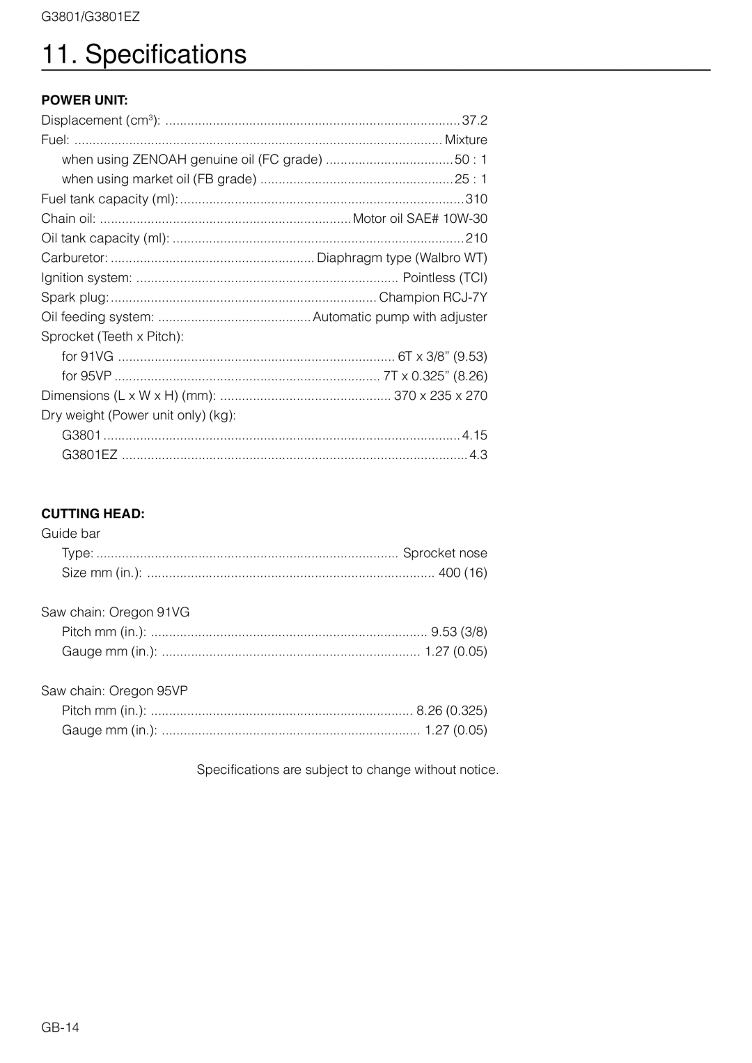 Zenoah G3801EZ owner manual Specifications, Power Unit, Cutting Head 