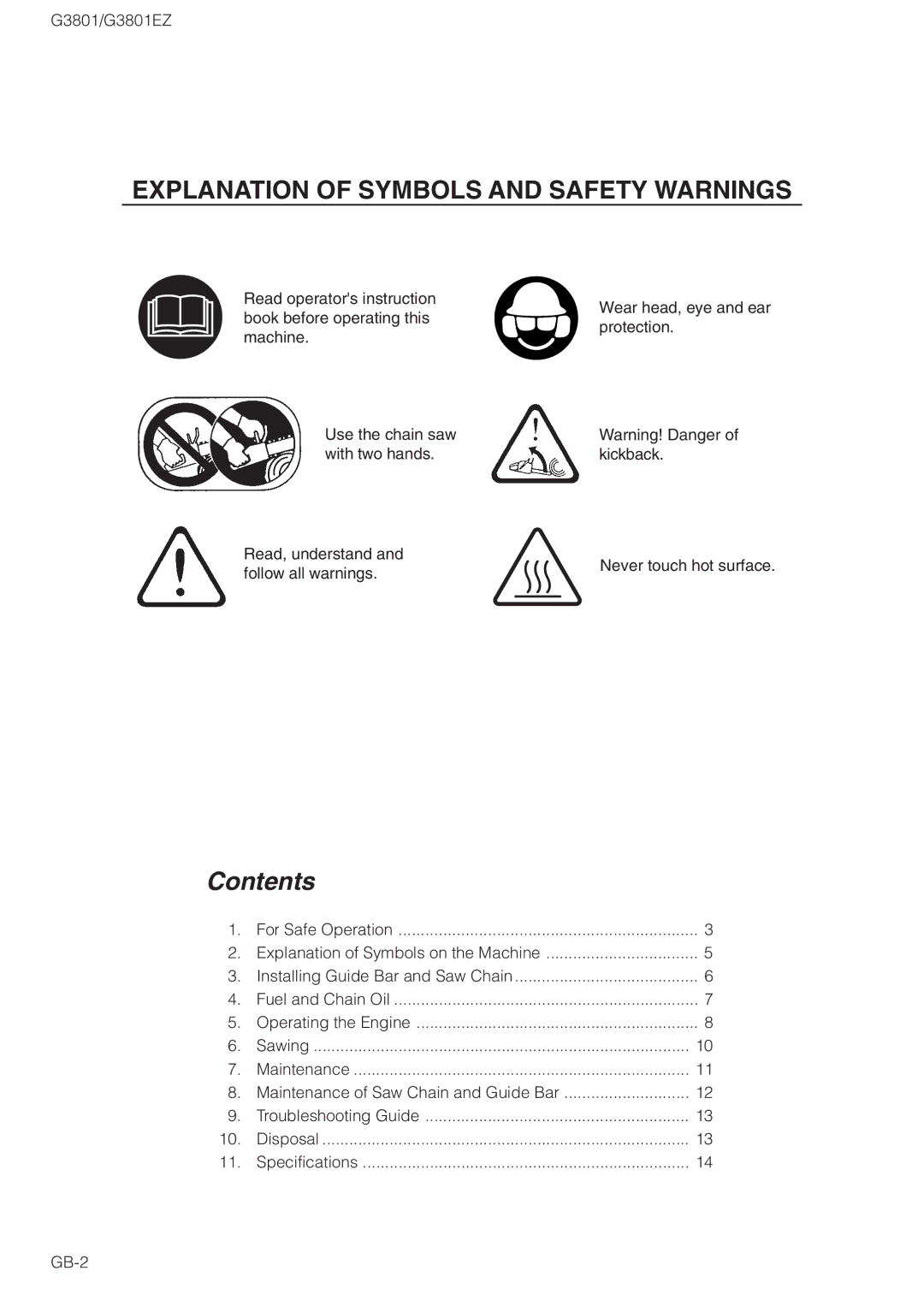 Zenoah G3801EZ owner manual Contents 