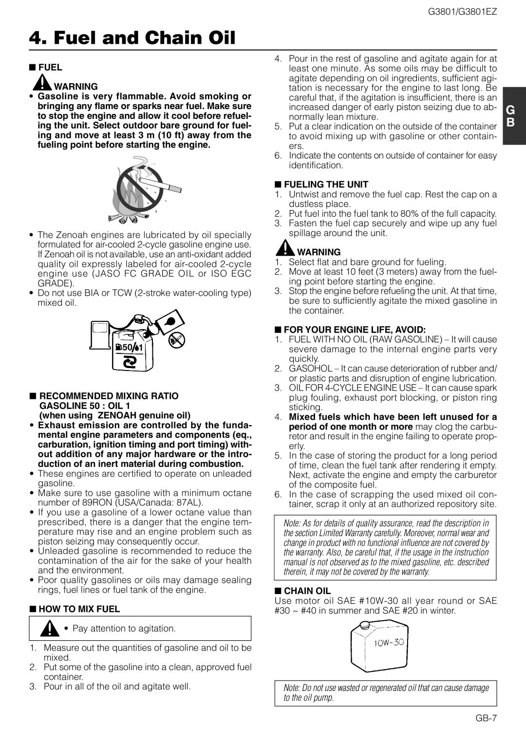 Zenoah G3801EZ owner manual Fuel and Chain Oil 