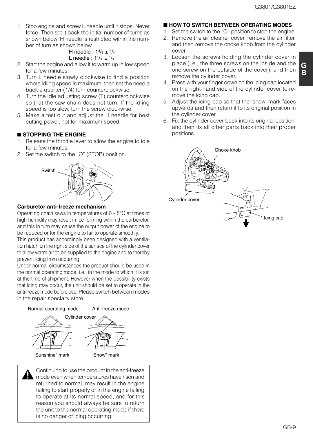 Zenoah G3801EZ Stopping the Engine, Carburetor anti-freeze mechanism, HOW to Switch Between Operating Modes, GB-9 