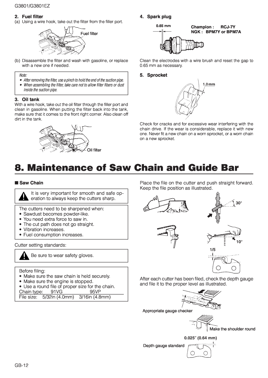 Zenoah owner manual Maintenance of Saw Chain and Guide Bar, G3801/G3801EZ, Fuel filter, Spark plug, Oil tank, Sprocket 