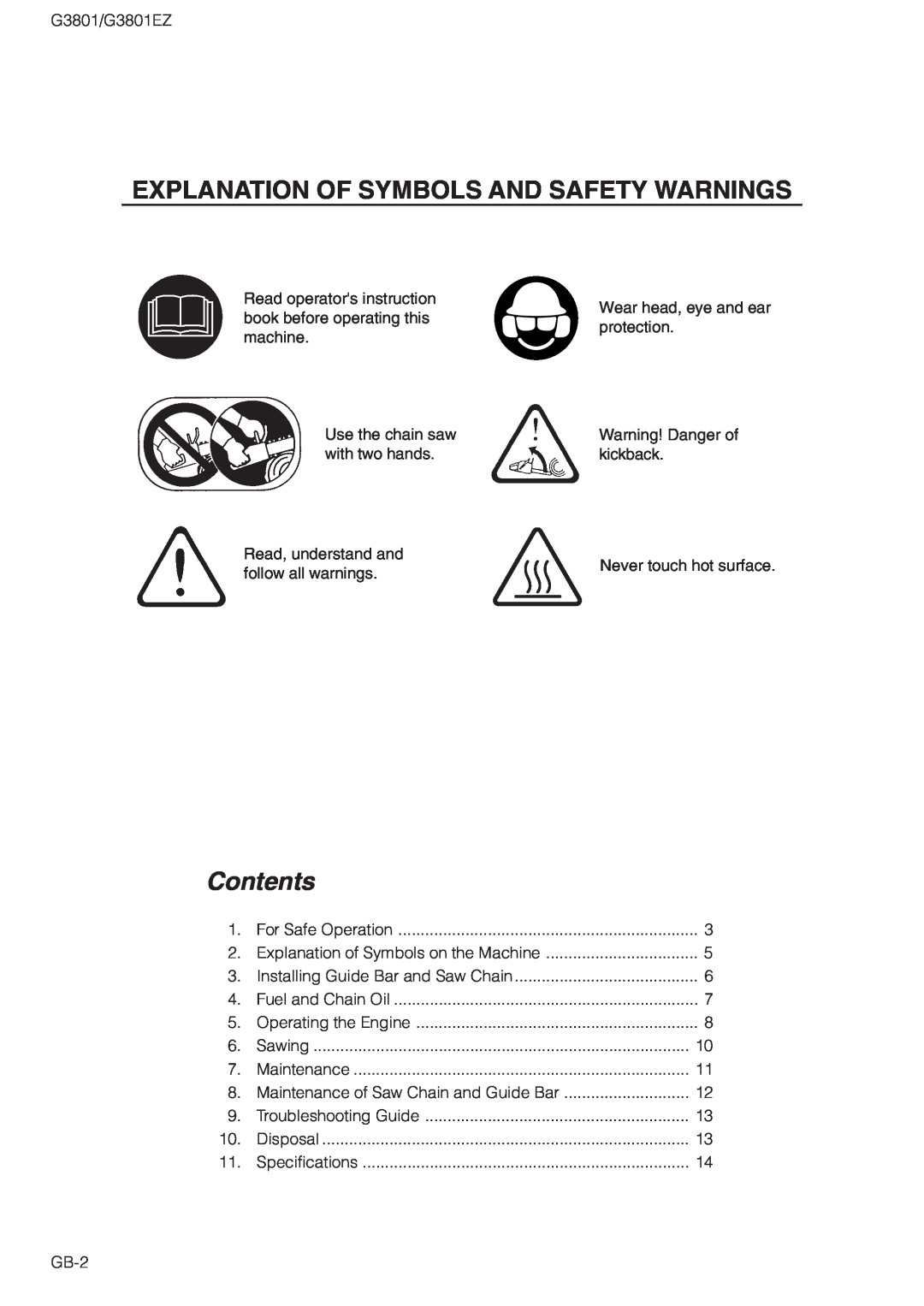 Zenoah G3801EZ owner manual Explanation Of Symbols And Safety Warnings, Contents 
