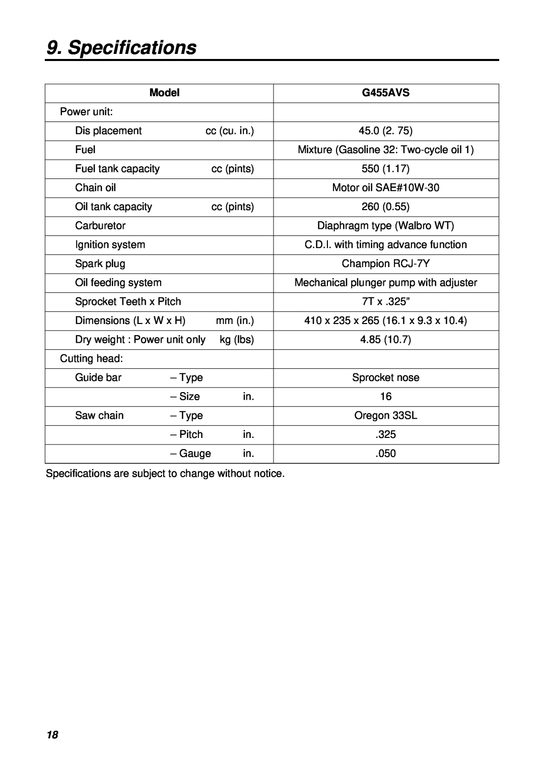 Zenoah G455AVS manual Specifications, Model 