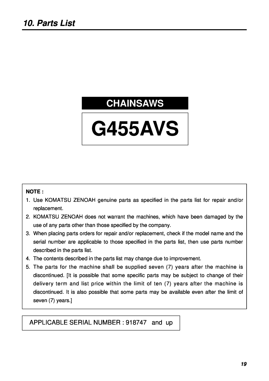 Zenoah G455AVS manual Parts List, Chainsaws, APPLICABLE SERIAL NUMBER 918747 and up 