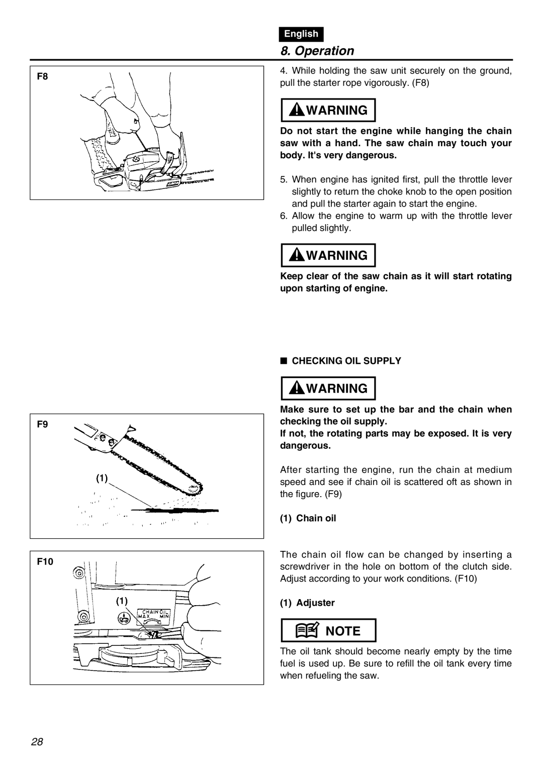 Zenoah G5000AVS manual F10, Checking OIL Supply, Adjuster 