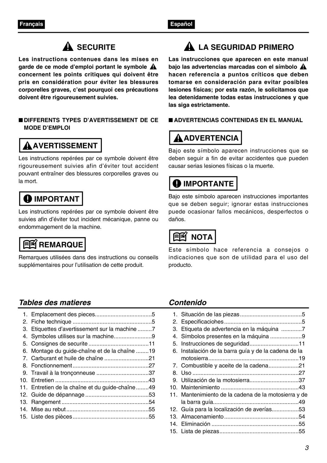 Zenoah G5000AVS manual Tables des matieres Contenido, Differents Types D’AVERTISSEMENT DE CE Mode D’EMPLOI 