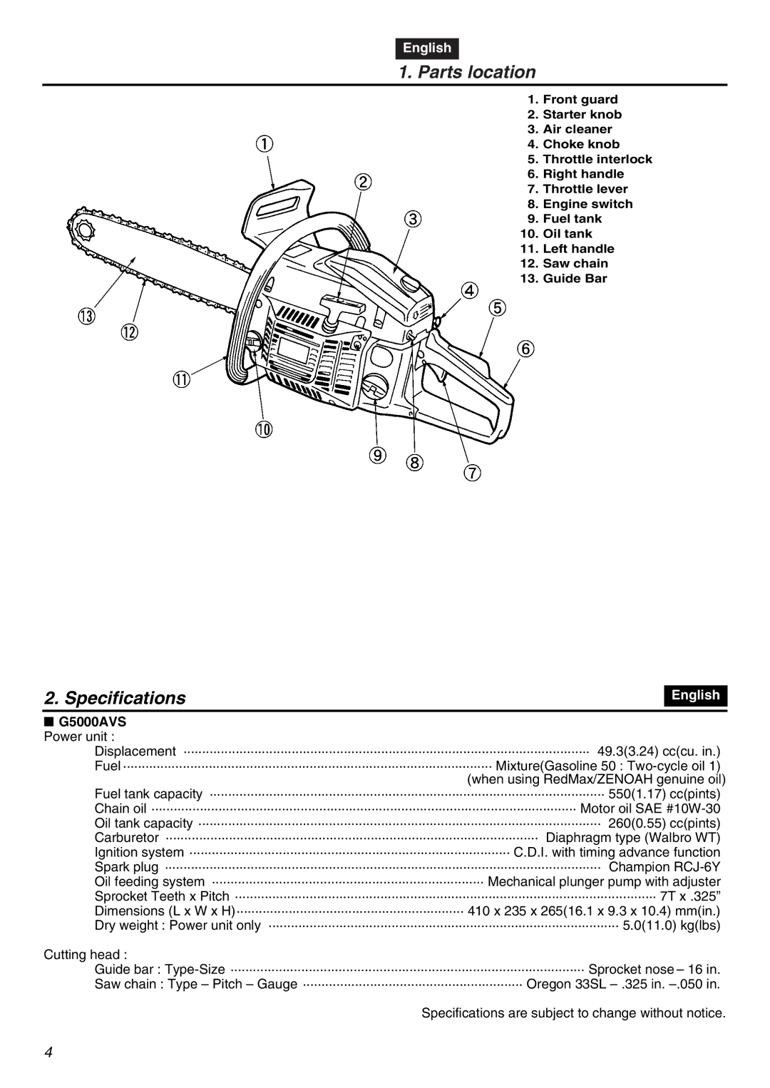 Zenoah manual Parts location, Specifications, G5000AVS Power unit 