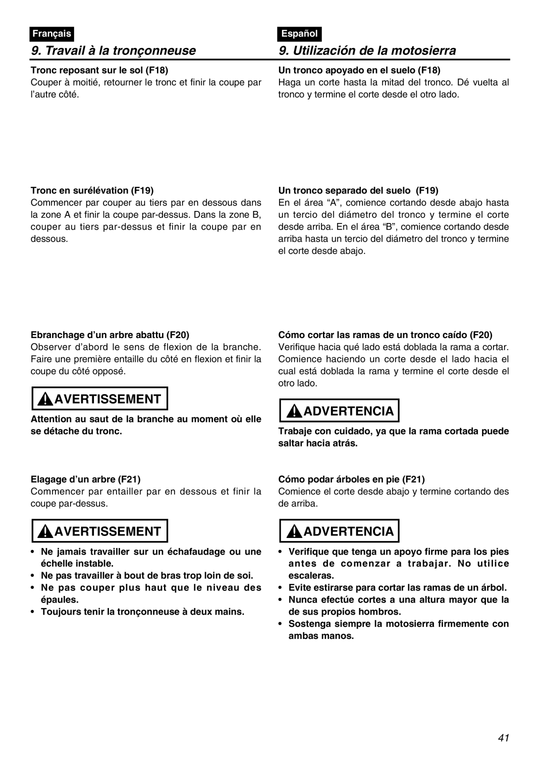 Zenoah G5000AVS manual Tronc reposant sur le sol F18, Tronc en surélévation F19, Ebranchage d’un arbre abattu F20 