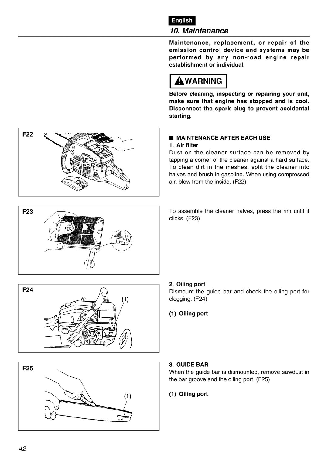 Zenoah G5000AVS manual Maintenance After Each USE, Air filter, Oiling port, Guide BAR 