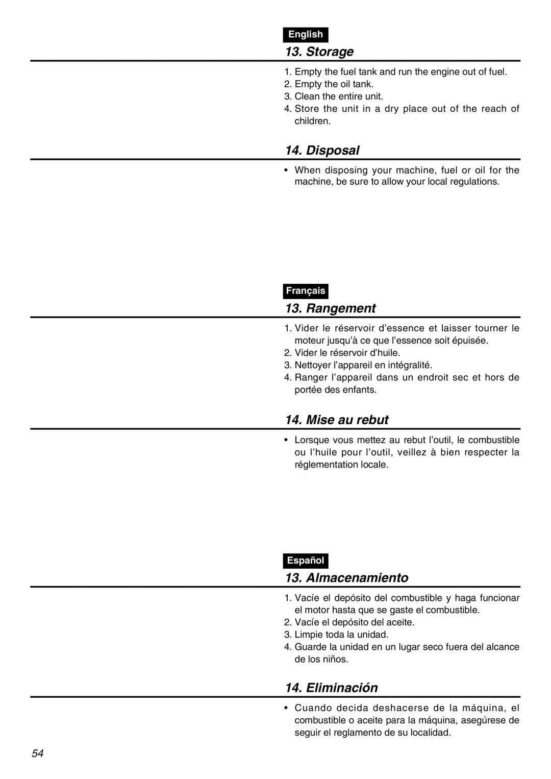 Zenoah G5000AVS manual Storage, Disposal, Rangement, Mise au rebut, Almacenamiento, Eliminación 