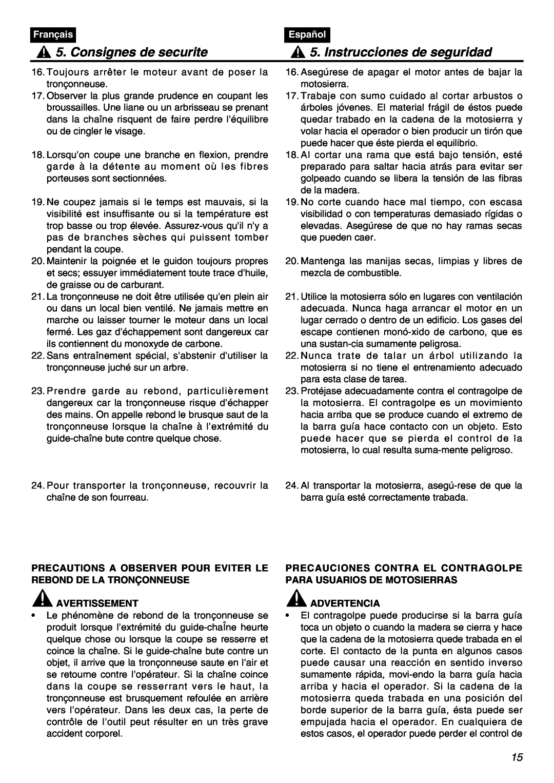 Zenoah G5000AVS manual Consignes de securite, Instrucciones de seguridad, Français, Español, Avertissement, Advertencia 