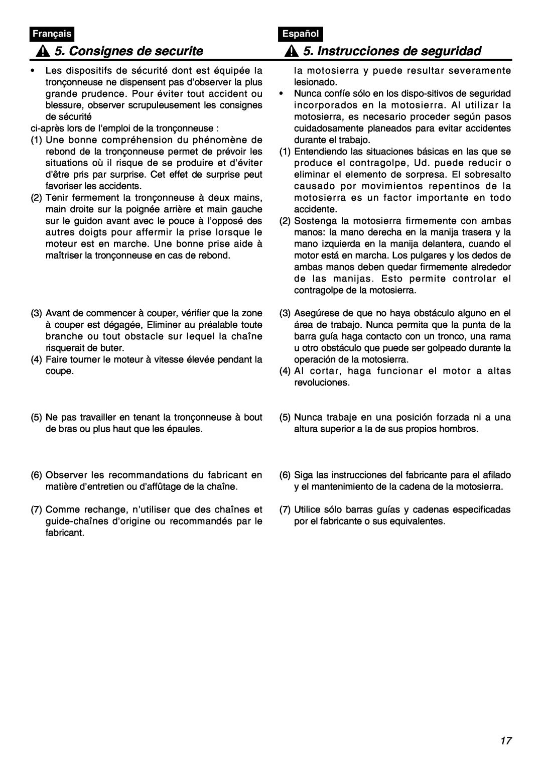 Zenoah G5000AVS manual Consignes de securite, Instrucciones de seguridad, Français, Español 