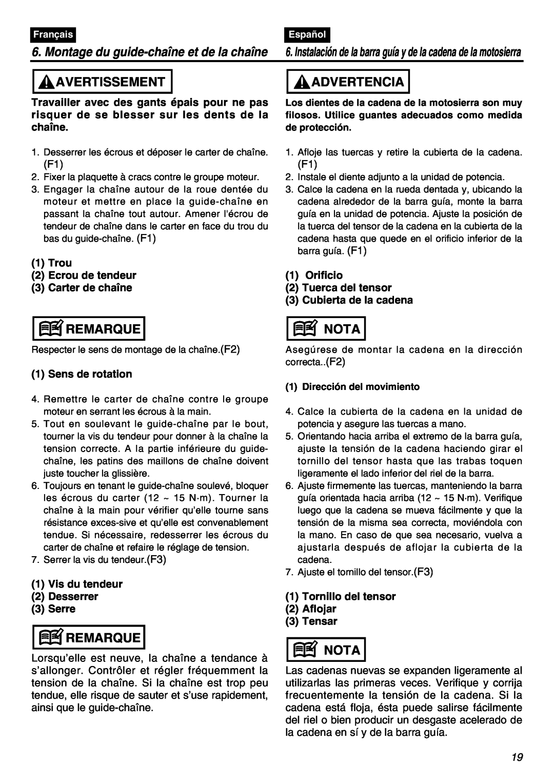 Zenoah G5000AVS manual Montage du guide-chaîne et de la chaîne, Avertissement, Advertencia, Remarque, Nota 