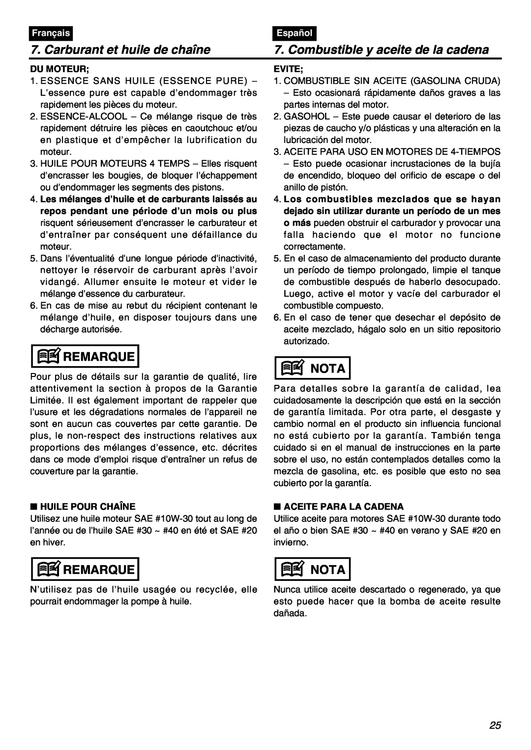 Zenoah G5000AVS manual Carburant et huile de chaîne, Combustible y aceite de la cadena, Remarque, Nota, Français, Español 