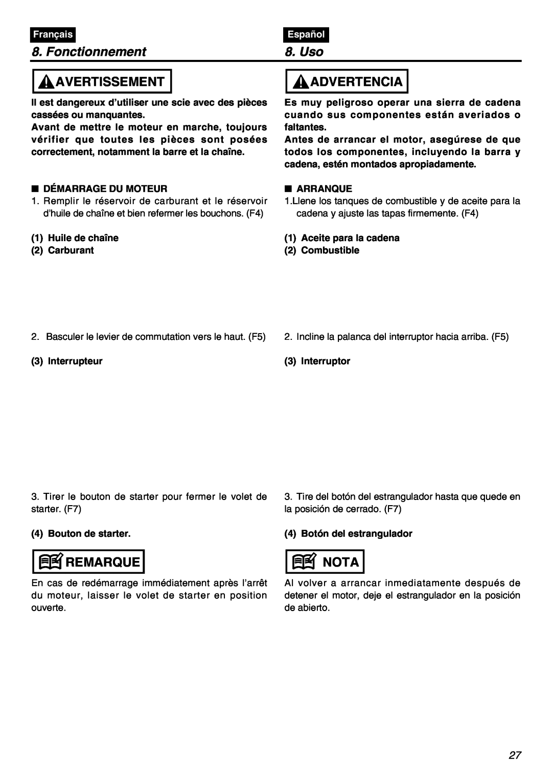Zenoah G5000AVS manual Fonctionnement, Uso, Avertissement, Advertencia, Remarque, Nota, Français, Español 