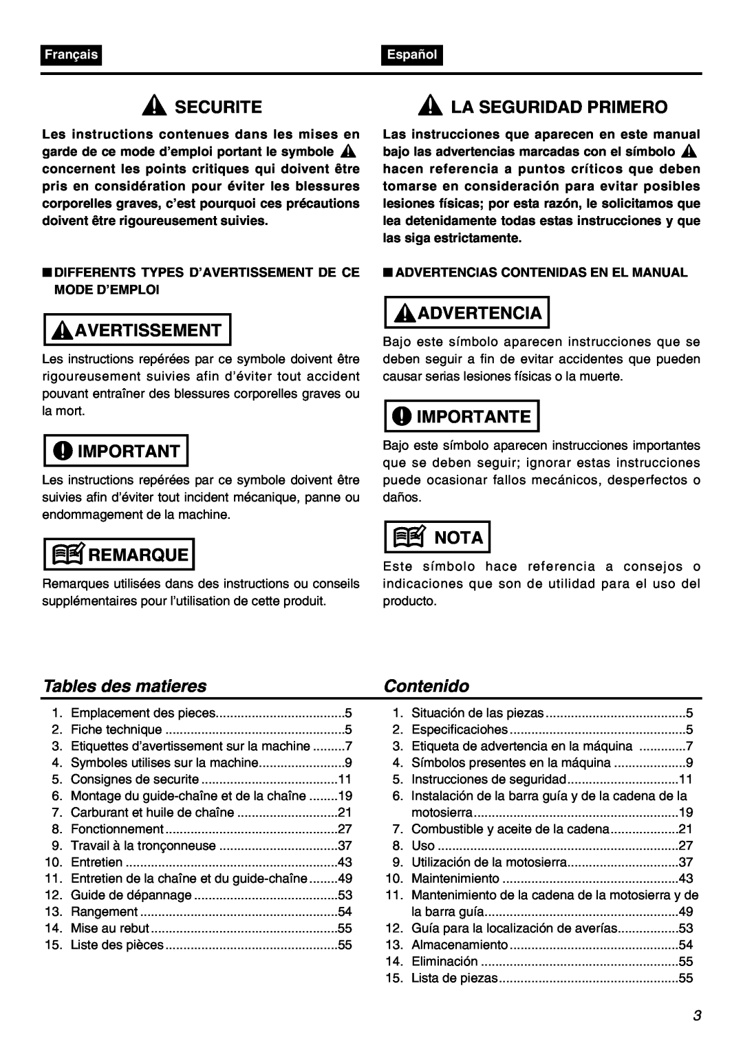 Zenoah G5000AVS manual Securite, Avertissement, Remarque, Advertencia, Importante, Nota, Tables des matieres, Contenido 