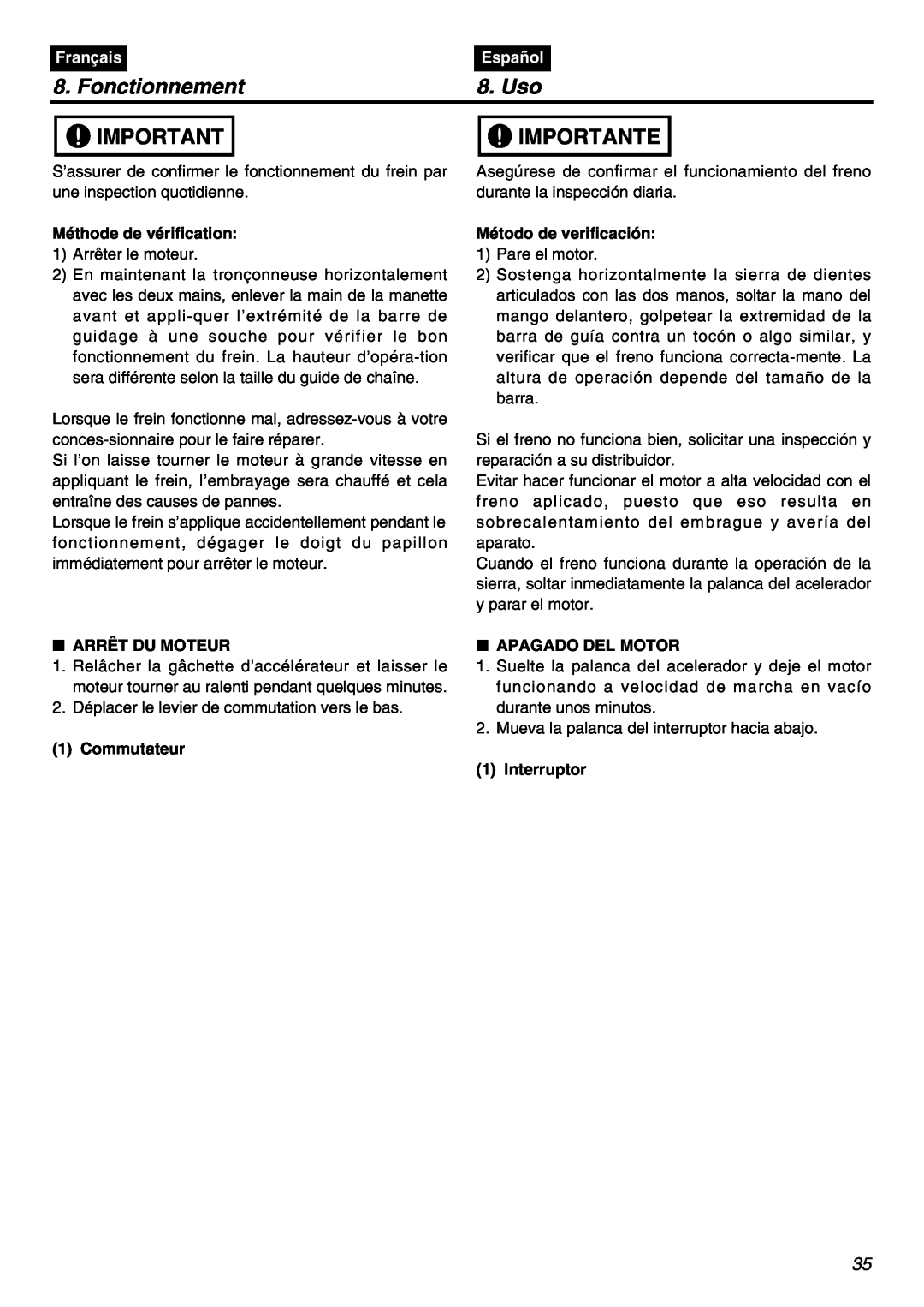 Zenoah G5000AVS manual Fonctionnement, Uso, Importante, Français, Español 