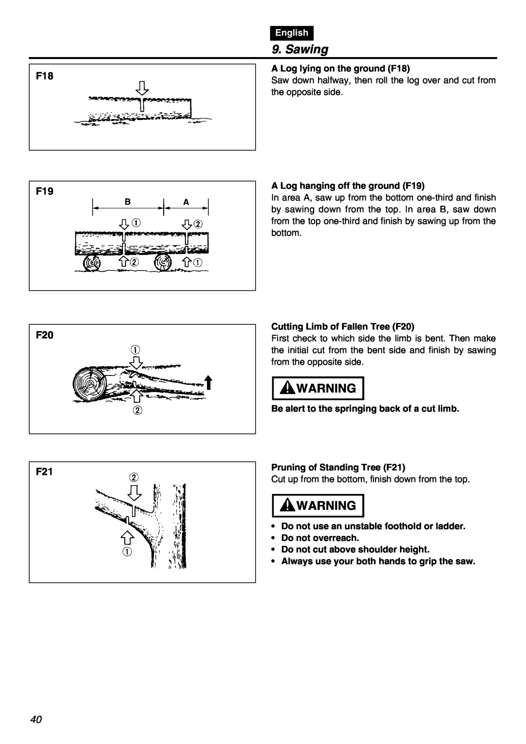 Zenoah G5000AVS manual Sawing, F18 F19 F20 F21, English 