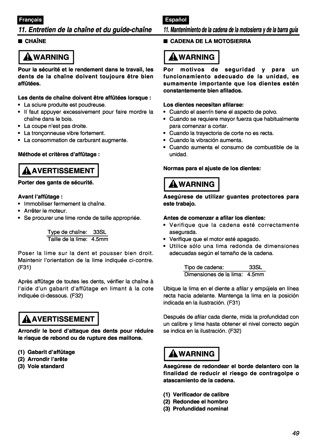 Zenoah G5000AVS manual Entretien de la chaîne et du guide-chaîne, Avertissement, Français, Español, Chaîne 